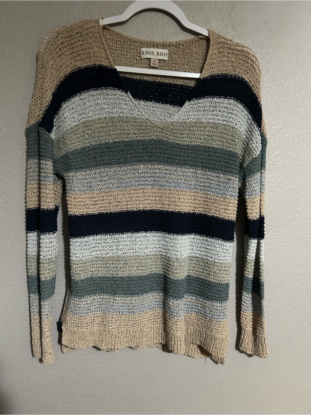 Knox Rose V-Neck Striped Sweater in Beige, Navy & Sage